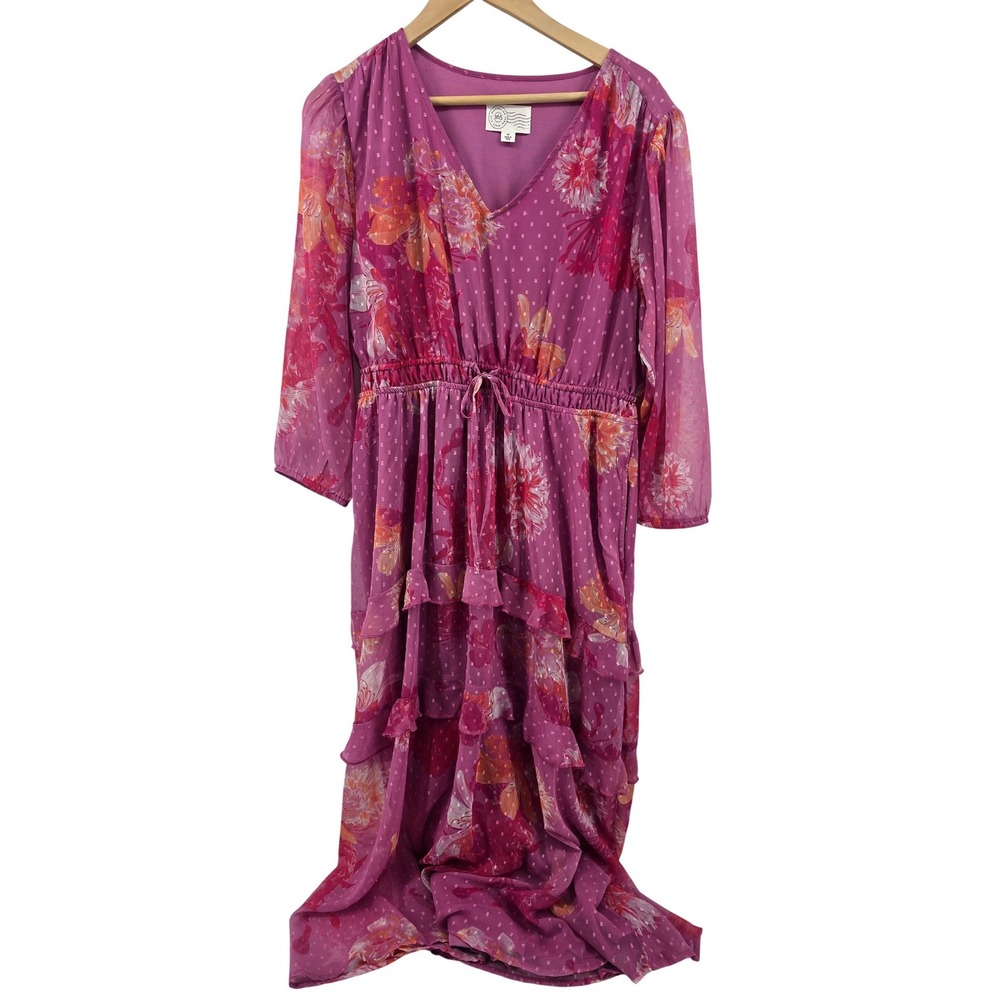Destination 365 Maxi Dress Women Medium Pink Floral Tiered Ruffle V-Neck A643232